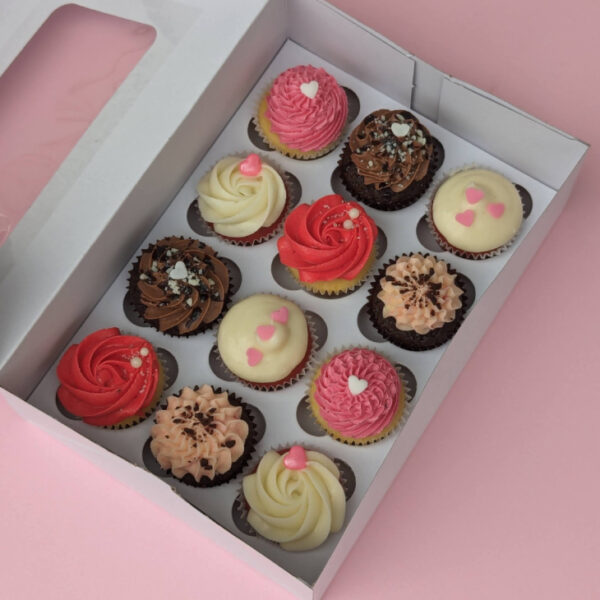 Boxed Mini Valentine's Day cupcakes - assorted mixture of flavours and designs